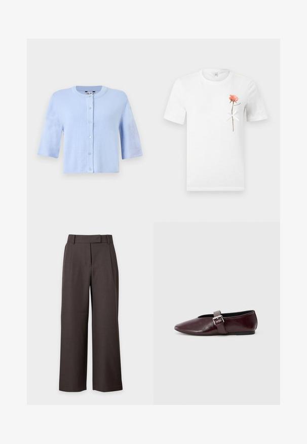 Cardigan bleu clair à manches courtes avec col rond et fermeture à boutons sur un fond uni.; T-shirt blanc à manches courtes avec une seule rose rose et un nœud blanc noué autour de sa tige sur le côté gauche de la poitrine.; Pantalon large marron foncé avec passants pour ceinture et fermeture avant dissimulée, présenté sur fond blanc.; Ballerines en cuir bordeaux avec un bout pointu, une semelle plate et une sangle décorative avec boucle sur le cou-de-pied. Texture lisse et brillante.