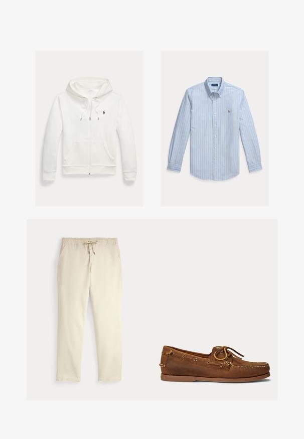 Valge lukuga kapuutsiga dressipluus esistaskute ja vasakul rinnal oleva väikese musta Polo Ralph Laureni logoga.; Hele sinine pikkade varrukatega nööbitav särk, millel on valged vertikaalsed triibud ja väike tikitud Polo Ralph Laureni logo rinnal.; Kreemjatavad vabaaja püksid elastse vöökoha ja tõmbluku, sirgete jalgade ja küljetaskutega tavalise tausta ees.; Pruun nahast paatjalats mokasiinõmblusega, paela detail metallist silmuste kaudu tõmmatud ja lame kummist tald küljepealt vaadatuna.