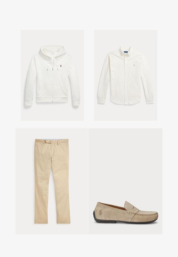 Biela mikina na zips s kapucňou, s prednými vreckami a malým čiernym logom Polo Ralph Lauren na ľavej strane hrudníka.; Biela košeľa s dlhým rukávom na gombíky s golierom a vyšívaným logom Polo Ralph Lauren na ľavej strane hrudníka.; Béžové nohavice s rovnými nohavicami, s pútkami na opasok a predným zipsom, položené na bielom pozadí.; Béžové semišové mokasíny s prešívaním, plochou gumenou podrážkou a malým logom na strane. Klasický dizajn na obúvanie, mäkká textúra.