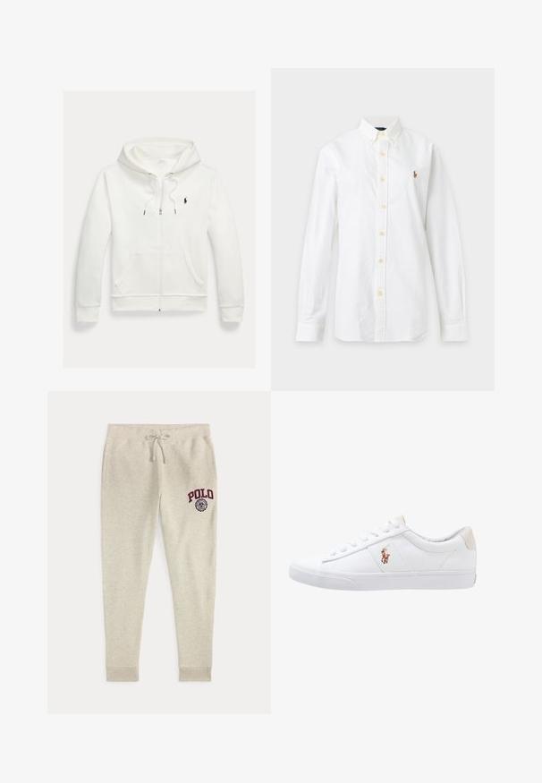 Hvid zip-up hættetrøje med forlommer og lille sort Polo Ralph Lauren logo på venstre bryst.; Hvid skjorte med lange ærmer, knapper og krave samt lille broderet logo på venstre bryst mod en ensfarvet baggrund.; Beige joggingbukser med snøre og sidelommer samt rød "POLO" logo og emblem på øverste venstre lår.; Hvide kanvas sneakers med lågtop design, prydet med en beige hælkappe og et lille broderet logo på siden. Gummisål.
