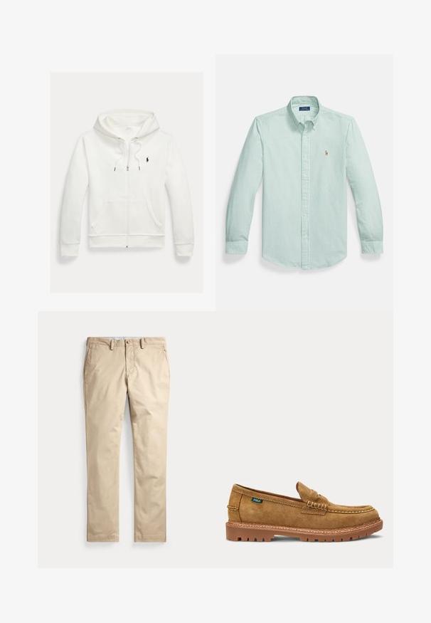 Hvid zip-up hættetrøje med forlommer og lille sort Polo Ralph Lauren logo på venstre bryst.; Lysegrøn skjorte med knapper, der har hvide lodrette striber, spids krave og et lille broderet logo på brystet.; Beige chinos med flat front, bæltestropper, sidelommer og knaplukning i taljen på hvid baggrund.; Tan farvet ruskind penny loafer med syet moc toe, robust gummisål og et lille grønt stofmærke på siden.