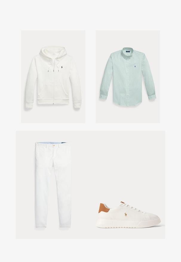Biela mikina na zips s kapucňou, s prednými vreckami a malým čiernym logom Polo Ralph Lauren na ľavej strane hrudníka.; Košeľa na gombíky s vertikálnymi zelenými a bielymi pruhmi, vyrobená z bavlny. Má klasický golier, dlhé rukávy a malé logo na hrudi.; Biele bavlnené chino nohavice s úzkym strihom, so zlatým jedným gombíkom na zapínanie a svetlomodrým vnútorným pásom. Hladká textúra bez vzorov.; Biely nízky teniska s béžovou pätovou záložkou, bielymi šnúrkami a malým vyšívaným logom hráča póla na boku nad tlustou podrážkou.