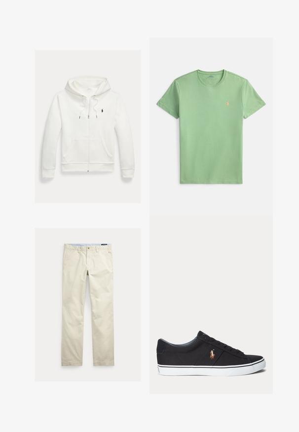 Hvid zip-up hættetrøje med forlommer og lille sort Polo Ralph Lauren logo på venstre bryst.; Kortærmet t-shirt med rund hals i lysegrøn bomuld. Har et lille orange logo broderet på brystet. Glat tekstur, afslappet pasform.; Beige bomuld straight-leg bukser med bæltestropper, forreste knap, lynlås og sidelommer.; Sort lavtopet sneaker med hvid gummisål og broderet brunt hestelogo på siden.