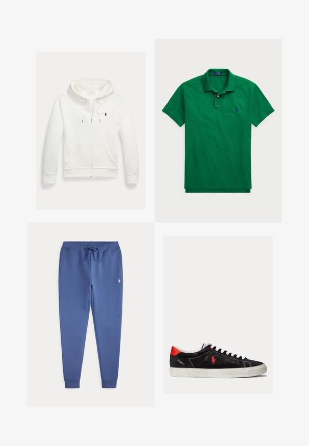 Valge lukuga kapuutsiga dressipluus esistaskute ja vasakul rinnal oleva väikese musta Polo Ralph Laureni logoga.; Roheline polo särgid, mis on valmistatud puuvillast, klassikalise krae, nööbivarruga, lühikeste varrukatega ja sinise tikandiga logo rinnal.; Sinised jooksupüksid, millel on paeltega vöökoht, küljetaskud, mansetid pahkluudel ja väike valge tikandiga logo paremal reiel.; Mustmustest mustad valged paelad, punased aktsendid kanna juures ja väike punane logo. Omab lame kummitalda ja lihtsat õmblust.