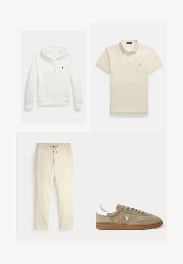 Valge lukuga kapuutsiga dressipluus esistaskute ja vasakul rinnal oleva väikese musta Polo Ralph Laureni logoga.; Beežist lühikeste varrukatega polo-särk, millel on nööpidega krae ja väike vasakul rinnal tikitud logo. Tekstureeritud puuvillane materjal.; Kreemjatavad vabaaja püksid elastse vöökoha ja tõmbluku, sirgete jalgade ja küljetaskutega tavalise tausta ees.; Madala säärega beežid seemisnahast tossud pruunide tallade, valge kandade detaili, paelte ja valge poolomängija logoga tikandiga küljel.