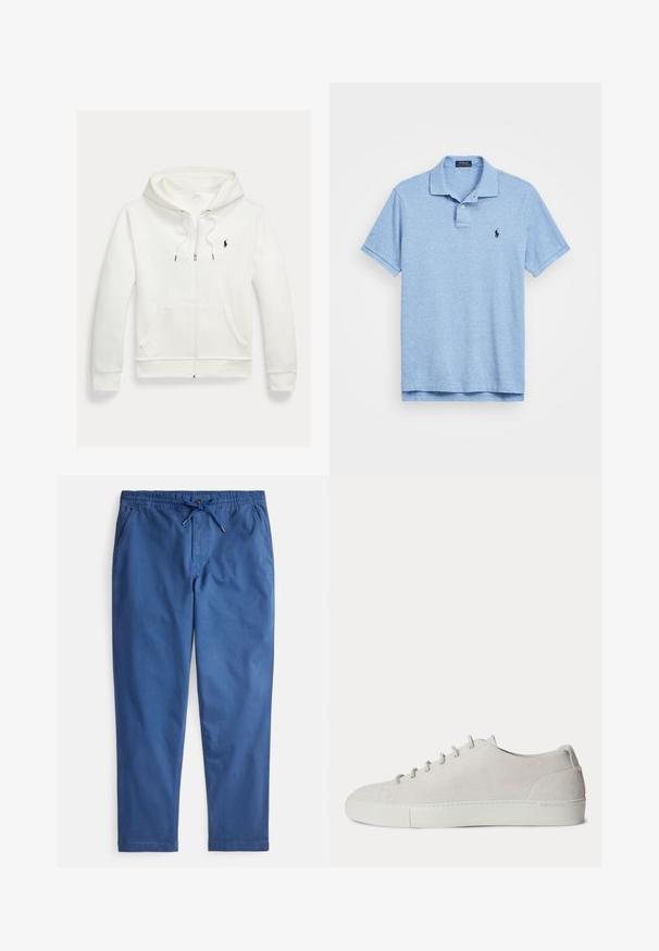 Valkoinen vetoketjullinen huppari, jossa etutaskut ja pieni musta Polo Ralph Lauren -logo vasemmassa rinnassa.; Vaaleansininen polo-paita, lyhyet hihat, kauluskotelo, kaksi nappia, brodeerattu logo vasemmassa rinnassa, valmistettu tekstuurikankaasta.; Siniset puuvillasekoitehousut, joissa on joustava vyötärönauha naruilla, sivutaskut ja kapeat lahkeet rentoa istuvuutta varten.; Valkoinen matala mokkanahkainen tennari, jossa edessä nauhat ja kumipohja, minimalistinen muotoilu.