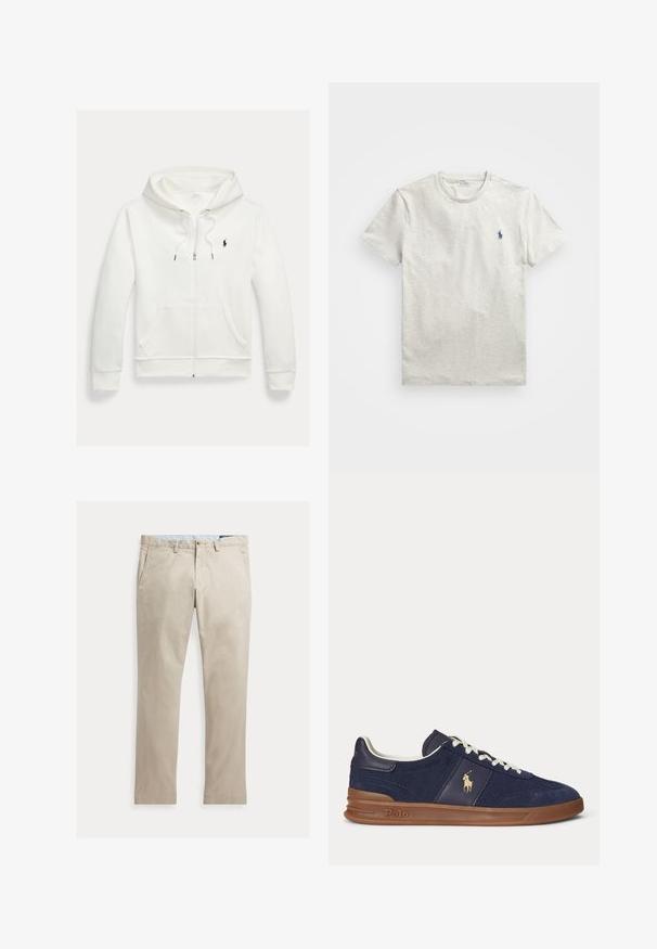 Weißes Kapuzen-Sweatshirt mit Reißverschluss, Fronttaschen und kleinem schwarzem Polo Ralph Lauren Logo auf der linken Brust.; Hellgraues T-Shirt mit kurzen Ärmeln und Rundhalsausschnitt, mit kleinem dunkelblauem Polo Ralph Lauren Pferde-Logo auf der linken Brust.; Beige Baumwollhose mit geradem Bein, Fronttaschen, Gürtelschlaufen, Knopfverschluss und Reißverschluss, flach auf weißem Hintergrund dargestellt.; Marineblaue Low-Top-Sneaker mit weißen Schnürsenkeln, brauner Sohle und Polo-Spieler-Logo an der Seite, von links betrachtet.