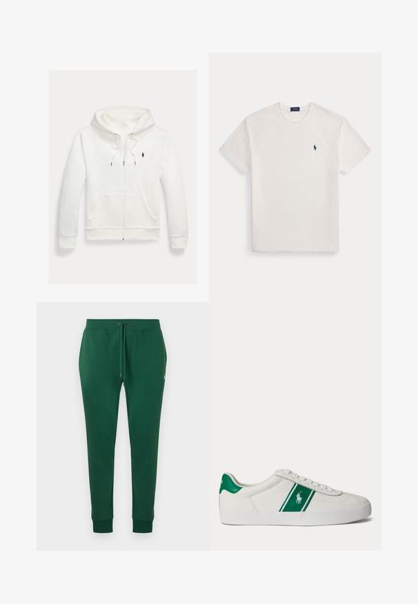 Valge lukuga kapuutsiga dressipluus esistaskute ja vasakul rinnal oleva väikese musta Polo Ralph Laureni logoga.; Valge lühikeste varrukatega ümarakaelusega t-särk, millel on vasakul rinnal väike tumesinine polosõitja logo.; Tumerohelised spordipüksid paelaga vöökohal, küljetaskud, mansettidega pahkluudes ning väike valge tikandiga logo paremal puusal.; Valge madala säärega toss roheline triibu ja Polo logoga küljel, rohelise kandmisega ja valgete paeltega, esitatud vasakult küljelt lihtsal taustal.