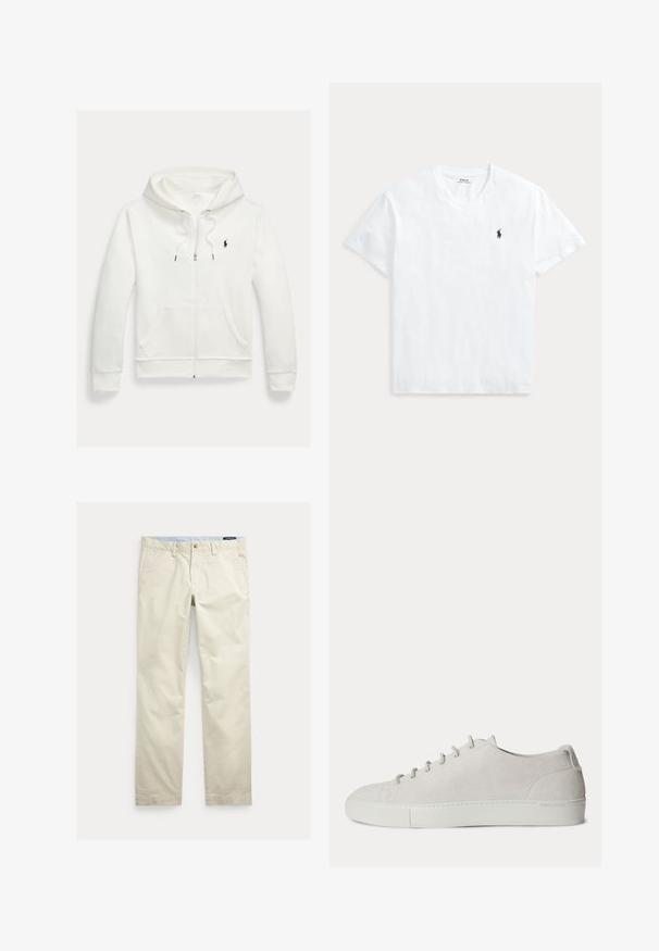 Witte capuchontrui met rits, frontzakken en een klein zwart Polo Ralph Lauren-logo op de linkerborst.; Wit T-shirt met V-hals en korte mouwen met een klein marineblauw Polo Ralph Lauren paardenlogo op de linkerborst.; Beige katoenen broek met rechte pijpen, riemlussen, voorste knoop, ritssluiting en zijzakken.; Witte lage suède sneaker met veters aan de voorkant en rubberen zool, minimalistisch ontwerp.