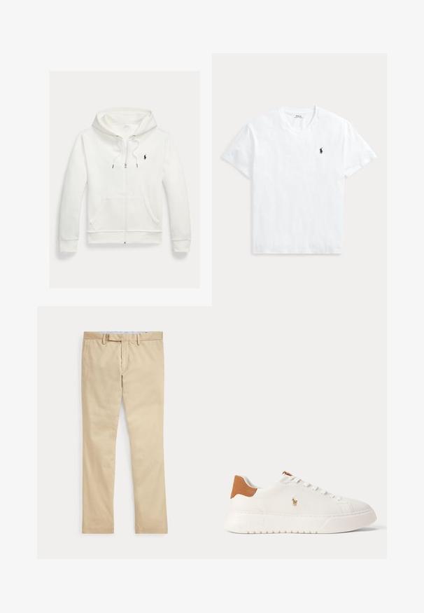 Sweat à capuche blanc zippé avec poches avant et petit logo noir Polo Ralph Lauren sur le côté gauche de la poitrine.; T-shirt blanc à manches courtes et col en V avec un petit logo cheval Polo Ralph Lauren bleu marine sur la poitrine gauche.; Pantalon beige à jambes droites avec passants de ceinture et braguette zippée à l'avant, posé à plat sur un fond blanc.; Baskets basses blanches avec languette de talon beige, lacets blancs et petit logo brodé d'un joueur de polo sur le côté au-dessus d'une semelle épaisse.