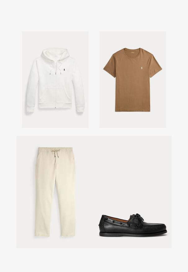 Valge lukuga kapuutsiga dressipluus esistaskute ja vasakul rinnal oleva väikese musta Polo Ralph Laureni logoga.; Pruun puuvillane crewneck-t-särk lühikeste varrukatega ja väikese valge polo logoga vasakul rinnal. Sile tekstuur, standardist istuvus.; Kreemjatavad vabaaja püksid elastse vöökoha ja tõmbluku, sirgete jalgade ja küljetaskutega tavalise tausta ees.; Mustast nahast mokkassiin paeltega ja madala kummist tallaga, näht külje pealt heledal taustal.