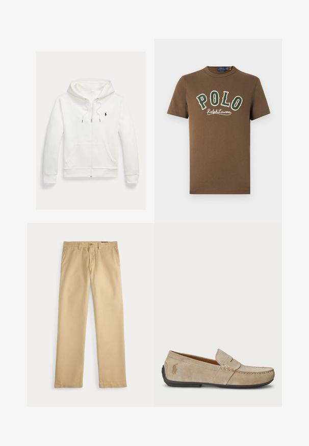 Valkoinen vetoketjullinen huppari, jossa etutaskut ja pieni musta Polo Ralph Lauren -logo vasemmassa rinnassa.; Ruskea lyhythihainen t-paita, jossa vihreä ja valkoinen "POLO Ralph Lauren"-teksti edessä ja pieni valkoinen poloilija-logo alasääressä.; Beigen väriset suoralahkeiset housut, joissa vyölenkit, sivutaskut ja napillinen vyötärönauha valkoisella taustalla.; Beige mokasíny z semišu s prešívaním, plochou gumovou podrážkou a malým logom na boku. Klasický dizajn na obutie, jemná textúra.