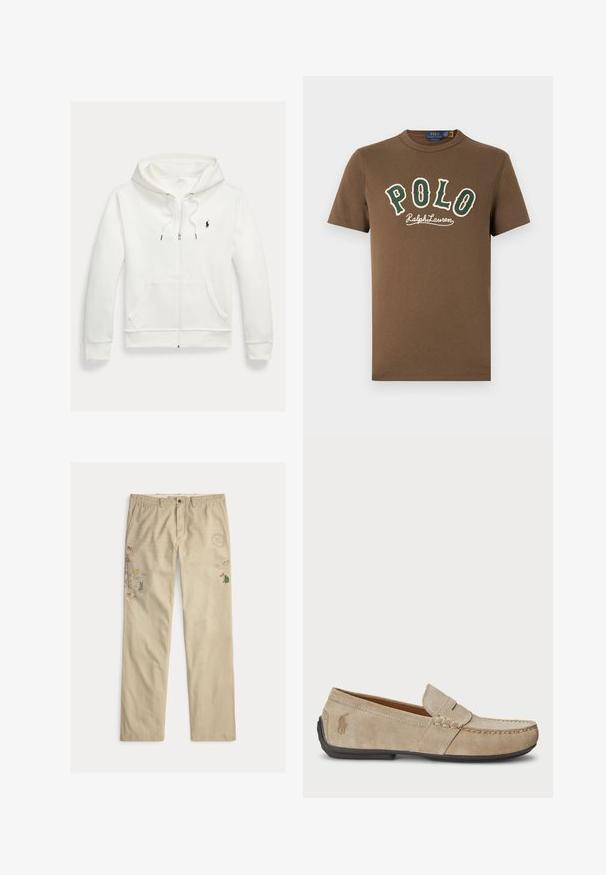 Valge lukuga kapuutsiga dressipluus esistaskute ja vasakul rinnal oleva väikese musta Polo Ralph Laureni logoga.; Pruunad lühikeste varrukatega T-särk, millel on ees roheline ja valge "POLO Ralph Lauren" tekst ning väike valge polomängija logo ääre lähedal allosas.; Beežid puuvillased püksid, millel on tikitud graafika, sealhulgas puud ja mäed, nööbikinnitus ja vööaasad.; Bež sueded loafers, mille õmblustega detailide, lame kummitald ja väike logo küljel. Klassikaline libisev disain, pehme tekstuur.