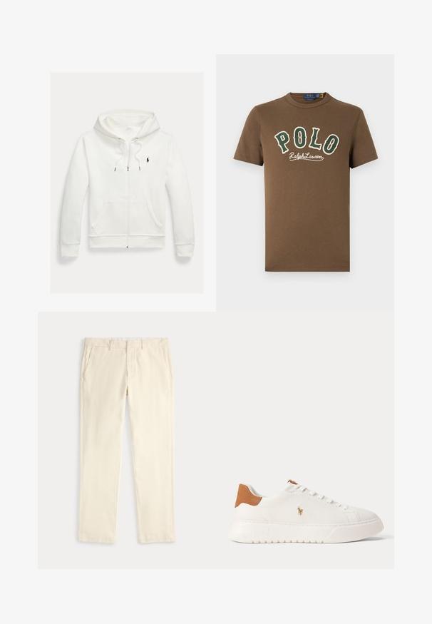 Weißes Kapuzen-Sweatshirt mit Reißverschluss, Fronttaschen und kleinem schwarzem Polo Ralph Lauren Logo auf der linken Brust.; Braunes T-Shirt mit kurzen Ärmeln, grünem und weißem "POLO Ralph Lauren"-Text auf der Vorderseite und kleinem weißen Polo-Spieler-Logo nahe dem unteren Saum.; Cremefarbene, gerade geschnittene Hose mit Gürtelschlaufen und Seitentaschen, flach auf hellem Hintergrund dargestellt.; Weißer Sneaker mit niedrigem Schaft, beige Fersenlasche, weißen Schnürsenkeln und kleinem, besticktem Polospieler-Logo an der Seite über einer dicken Sohle.