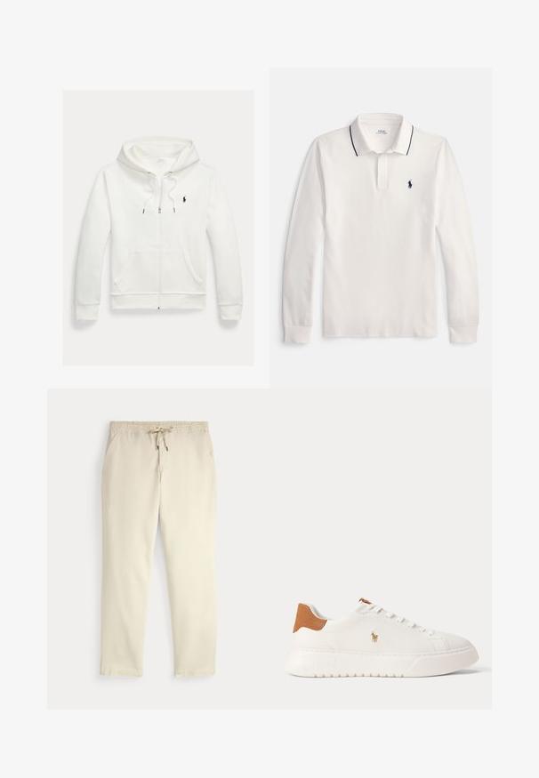 Weißes Kapuzen-Sweatshirt mit Reißverschluss, Fronttaschen und kleinem schwarzem Polo Ralph Lauren Logo auf der linken Brust.; Weißes Langarm-Poloshirt mit schwarzem Besatz am Kragen und kleinem schwarzem, gesticktem Logo auf der linken Brust.; Beige legere Hosen mit elastischem Bund und Kordelzug, gerade Hosenbeine und seitlichen Taschen vor einem einfarbigen Hintergrund.; Weißer Sneaker mit niedrigem Schaft, beige Fersenlasche, weißen Schnürsenkeln und kleinem, besticktem Polospieler-Logo an der Seite über einer dicken Sohle.