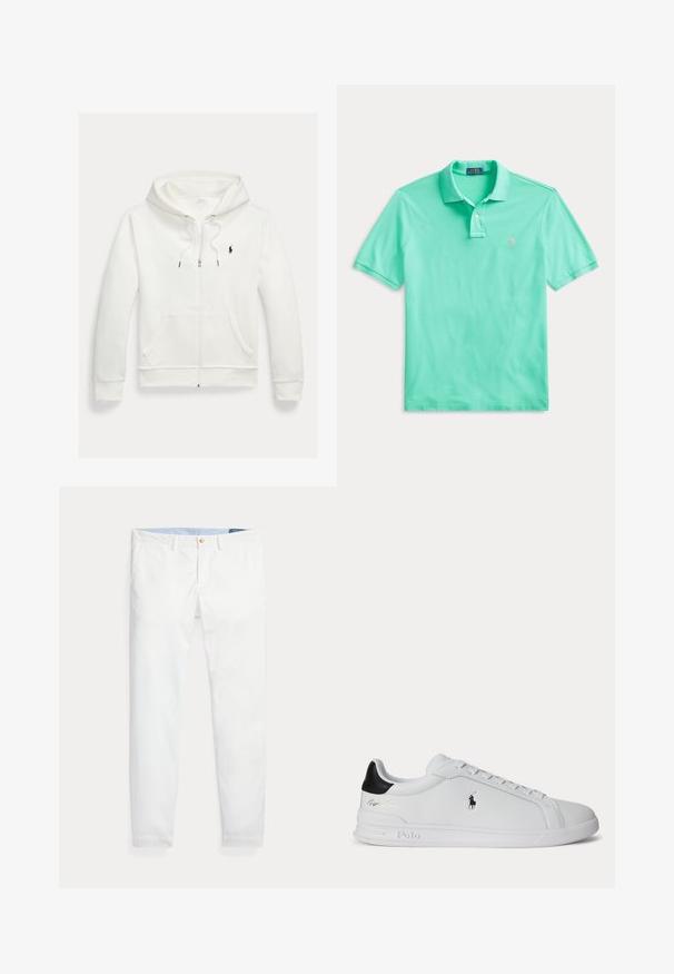 Biela mikina na zips s kapucňou, s prednými vreckami a malým čiernym logom Polo Ralph Lauren na ľavej strane hrudníka.; Polokošeľa svetlozelená s krátkym rukávom, golierom, zapínaním na dva gombíky a malým ružovým vyšívaným logom na ľavej strane hrude.; Biele bavlnené chino nohavice s úzkym strihom, so zlatým jedným gombíkom na zapínanie a svetlomodrým vnútorným pásom. Hladká textúra bez vzorov.; Biela nízka teniska s čiernou pätovou pätkou, šnúrkami a logom Polo Ralph Lauren na boku, so zvýraznenými detailmi na podrážke.