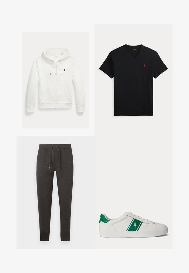 Biela mikina na zips s kapucňou, s prednými vreckami a malým čiernym logom Polo Ralph Lauren na ľavej strane hrudníka.; Čierne tričko s výstrihom do V a krátkym rukávom s malým červeným logom Polo Ralph Lauren na ľavej strane hrudníka.; Tmavomodré tepláky z mäkkého materiálu, s elastickým pásom na šnúrku, zužujúcimi sa nohavicami a manžetami pri členkoch.; Biele nízke tenisky s zeleným pruhom a logom Polo na boku, zelený jazyk na päte a biele šnúrky, zobrazené z ľavej strany na jednoduchom pozadí.