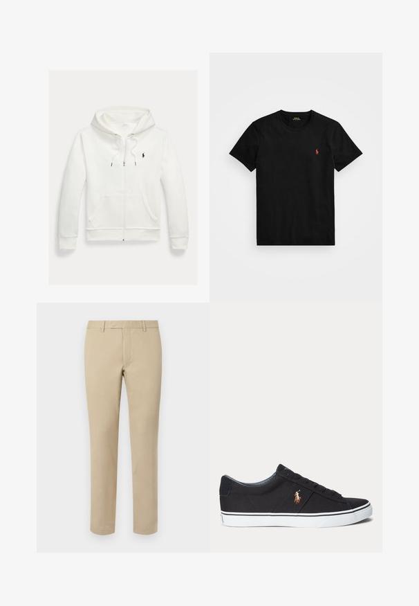 Hvid zip-up hættetrøje med forlommer og lille sort Polo Ralph Lauren logo på venstre bryst.; Sort bomulds T-shirt med rund hals, kortærmer og et lille rødt broderet logo på venstre bryst. Glat tekstur, klassisk pasform.; Beige bomuldsbukser med lige pasform, der har bæltesløjfer, glat front og skræddersyede søm. Glat tekstur og minimal detaljer.; Sort lav sneakersko med hvid sål og broderet polo spiller logo på siden, med snørebånd og tekstureret stofoverdel.