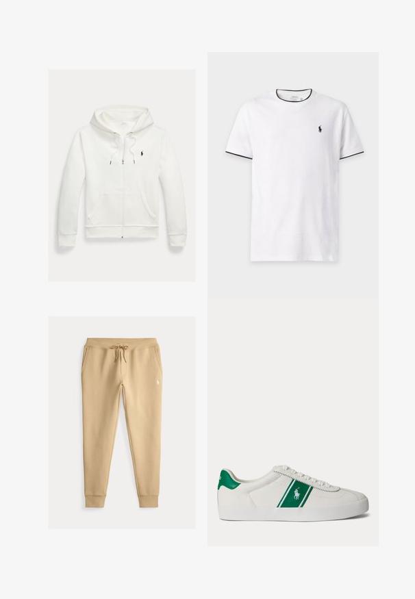 Hvid zip-up hættetrøje med forlommer og lille sort Polo Ralph Lauren logo på venstre bryst.; Hvid T-shirt med korte ærmer og sort kant ved krave og ærmer, med et lille sort Polo Ralph Lauren logo på venstre bryst.; Beige slim-fit joggingbukser med snøre i taljen, sidelommer, ribbet kant og lille hvidt broderet logo på venstre lår.; Hvid low-top sneaker med grøn stribe og Polo-logo på siden, grøn hæl-flik og hvide snørebånd, vist fra venstre side på ensfarvet baggrund.