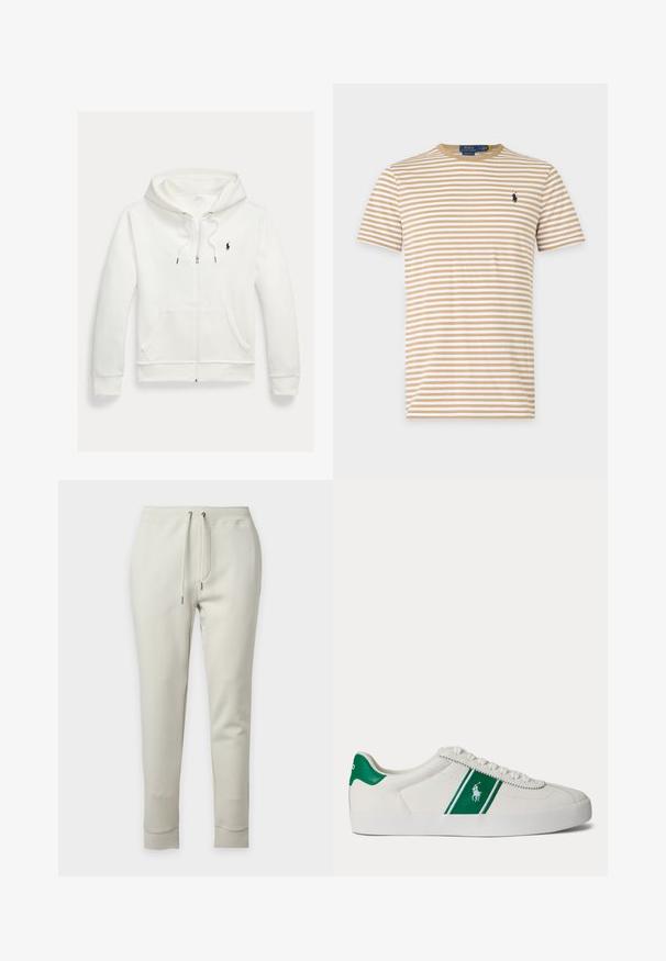 Witte capuchontrui met rits, frontzakken en een klein zwart Polo Ralph Lauren-logo op de linkerborst.; Beige en wit gestreept T-shirt met korte mouwen en ronde hals, met een klein donker geborduurd logo op de linkerborst.; Off-white slim fit joggingbroek met een elastische tailleband, trekkoorden en omgeslagen enkels, afgebeeld op een effen achtergrond.; Witte lage sneaker met groene streep en Polo-logo aan de zijkant, groene hieltab en witte veters, vanaf de linkerkant getoond op een effen achtergrond.
