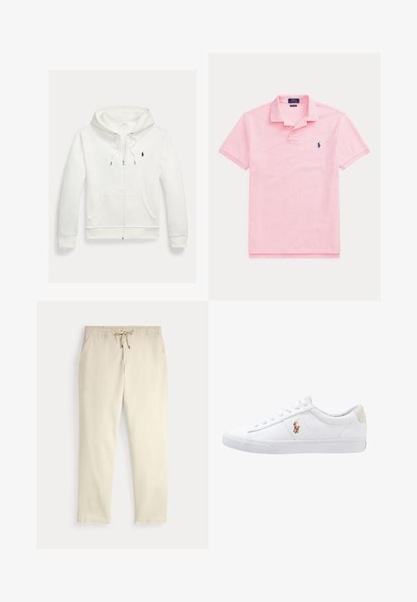 Hvid zip-up hættetrøje med forlommer og lille sort Polo Ralph Lauren logo på venstre bryst.; Lyserød polo med korteærmer, krave og lille mørkeblå broderet logo på venstre bryst.; Off-white afslappede bukser med elastisk talje og snor, lige ben og sidelommer mod en ensfarvet baggrund.; Hvide kanvas sneakers med lågtop design, prydet med en beige hælkappe og et lille broderet logo på siden. Gummisål.
