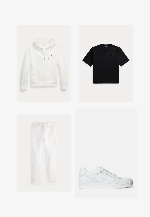 Valkoinen vetoketjullinen huppari, jossa etutaskut ja pieni musta Polo Ralph Lauren -logo vasemmassa rinnassa.; Musta lyhythihainen pyöreäkauluksinen T-paita, jossa vasemmassa rinnassa pieni valkoinen Polo Ralph Lauren hevosen logo.; Valkoiset farkut suoralla lahkeen leikkauksella, joissa on viisi taskua, kupariset metalliosat ja hienovaraiset ompeludetaljit. Sileä rakenne ja siisti viimeistely.; Valkoinen nahkakenkä, jossa on sileä pinta, varustettuna rei'itetyllä varpaalla, nauhakäytöllä ja brodeeratulla logolla sivulla. Valkoinen kumipohja.
