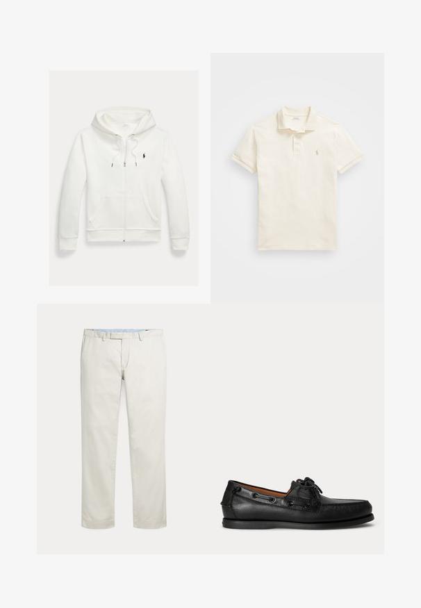 Sweat à capuche blanc zippé avec poches avant et petit logo noir Polo Ralph Lauren sur le côté gauche de la poitrine.; Polo à manches courtes en coton blanc cassé, avec un col classique, une patte de boutonnage à trois boutons et un logo brodé discret sur la poitrine.; Pantalon droit couleur crème avec passants de ceinture et fermeture frontale dissimulée sur fond uni.; Mocassin en cuir noir avec détail lacé et semelle basse en caoutchouc, présenté de profil sur un fond clair uni.