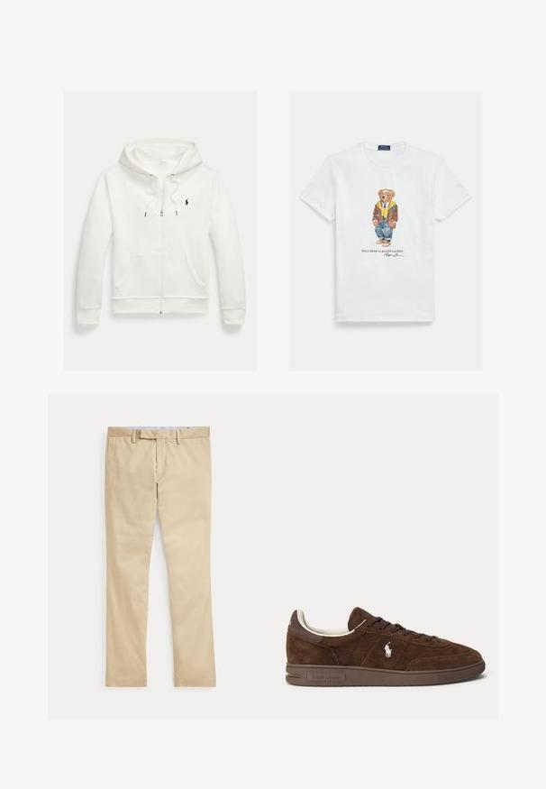 Valge lukuga kapuutsiga dressipluus esistaskute ja vasakul rinnal oleva väikese musta Polo Ralph Laureni logoga.; Valge puuvillane T-särk, millel on joonistatud riietatud multifilmikaru. Märkimisväärsed detailid on pruun jakk, kollane kapuuts ja sinised teksad.; Beeži sirgete säärega püksid vööaasade ja ees oleva tõmblukuga, laotatud tasaselt valgele taustale.; Pruun seemis madalam tennisejalanõu tumepruuni tallaga, paeltega ja valge heegeldatud Polo logoga küljel.