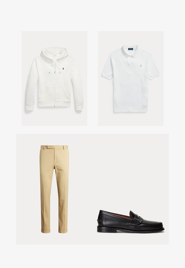 Hvid zip-up hættetrøje med forlommer og lille sort Polo Ralph Lauren logo på venstre bryst.; Hvid ribstrikket polo med klassisk krave, korte ærmer og et broderet logo på venstre bryst. Blød tekstur og enkelt design.; Beige bukser med lige ben, bæltestropper, frontlynlås og opbukket kant, vist mod en ensartet lys baggrund.; Sort læderloafer med lav hæl og pennyremdetalje, vist fra siden på en lysegrå baggrund.
