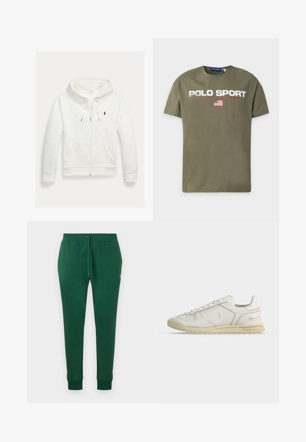 Witte capuchontrui met rits, frontzakken en een klein zwart Polo Ralph Lauren-logo op de linkerborst.; Olijfgroene T-shirt met korte mouwen, witte tekst "Polo Sport", kleinere rode tekst "Ralph Lauren" en een kleine Amerikaanse vlag onder de tekst.; Donkergroene joggingbroek met trekkoord in de taille, zijzakken, omgeslagen enkels en klein wit geborduurd logo op de rechterheup.; Witte lage leren sneaker met beige zool, veterluiting aan de voorkant en Polo Ralph Lauren-logo’s die zijn gegraveerd op de zijkant en hiel.