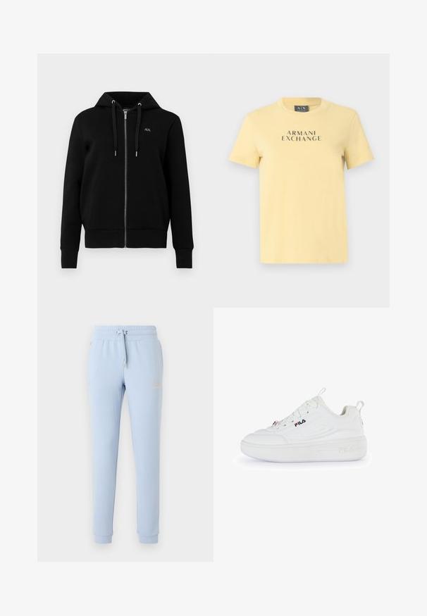 Sweat à capuche noir zippé en tissu mélangé de coton. Il dispose d'une capuche avec cordon de serrage, de poignets côtelés et d'un petit logo sur la poitrine gauche.; T-shirt jaune en coton avec un col rond et des manches courtes, imprimé "ARMANI EXCHANGE" en gris contrastant sur le devant.; Pantalon de jogging bleu clair avec chevilles élastiquées, taille à cordon, poches latérales et logo texte discret sur la cuisse gauche.; Baskets FILA blanches avec une tige en synthétique lisse, bout rond, semelle épaisse et design à lacets. Comprend un logo sur le côté et à l'arrière.