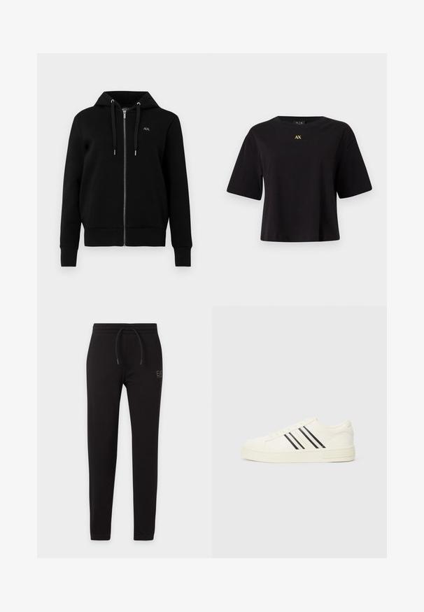 Sort zip-hoodie lavet af en bomuldsblandingsstof. Har en hætte med snor, ribbede manchetter og et lille logo på venstre bryst.; Sort kortærmet T-shirt lavet af bomuld med en afslappet pasform, med et guld "AX" logo centreret på brystet.; Sorte slim-fit sweatpants med elastisk talje og snøre, med lille "EA7 Emporio Armani" logo på venstre lår.; Hvide lærreds sneakers med rund tå, tre sorte striber og en tekstureret gummisål. Branding på siden og hælen.