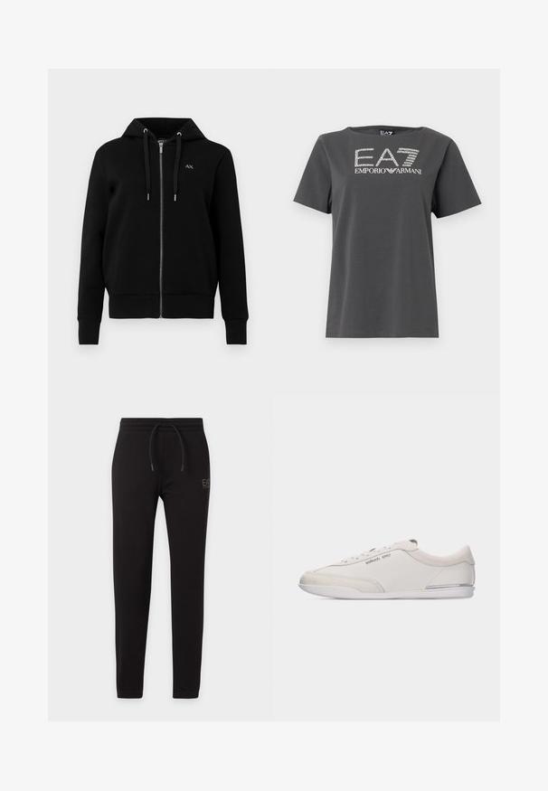 Sweat à capuche noir zippé en tissu mélangé de coton. Il dispose d'une capuche avec cordon de serrage, de poignets côtelés et d'un petit logo sur la poitrine gauche.; T-shirt gris à manches courtes en coton. Il présente un logo blanc avec "EA7" et "EMPORIO ARMANI" dans un design graphique élégant.; Pantalon de survêtement noir slim avec taille élastique et cordon, avec petit logo "EA7 Emporio Armani" sur la cuisse gauche.; Baskets basses blanc cassé et beige à lacets, avec des détails en cuir lisse et en daim, arborant un petit logo Michael Kors sur le côté.