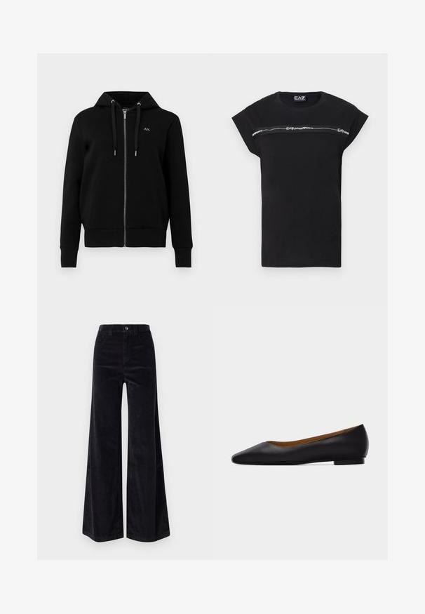 Sweat à capuche noir zippé en tissu mélangé de coton. Il dispose d'une capuche avec cordon de serrage, de poignets côtelés et d'un petit logo sur la poitrine gauche.; T-shirt noir à manches courtes retroussées, avec une bande logo grise horizontale sur la poitrine. Fabriqué en coton doux.; Pantalons larges en velours côtelé noir avec taille haute, fermeture à bouton et poches avant. Texture lisse avec un motif en ribbing vertical.; Chaussure plate en cuir noir à bout pointu avec talon bas et finition lisse, vue de côté sur un fond gris clair.