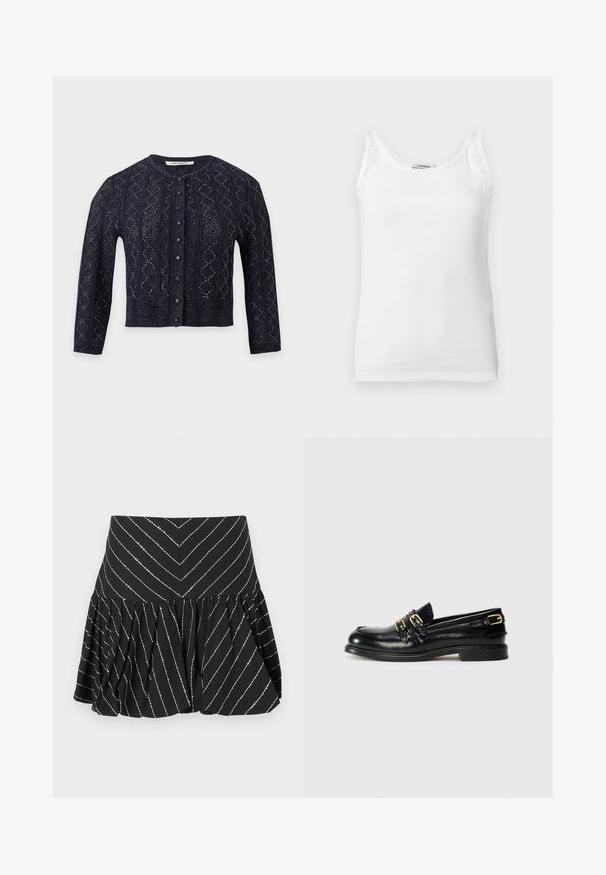 Μαύρο πλεκτό crop cardigan με μακριά μανίκια, στρογγυλή λαιμόκοψη και κουμπιά μπροστά, με λεπτή σχεδιασμένη υφή.; Αμάνικη λευκή ριμπ κορυφή με δαντελένιο τελείωμα στους ιμάντες των ώμων, με στρογγυλή λαιμόκοψη.; Μαύρη μίνι φούστα καμπάνα με ασημί διαγώνιες ρίγες και ραφή με πιέτες κάτω από τη μέση για επιπλέον όγκο και υφή.; Μαύρες δερμάτινες λαστιχένιες παπούτσια με γυαλιστερή φινίρισμα, με δύο χρυσά αγκράφες και χαμηλό τακούνι. Λείο υλικό με στρογγυλή σχεδίαση στη μύτη.