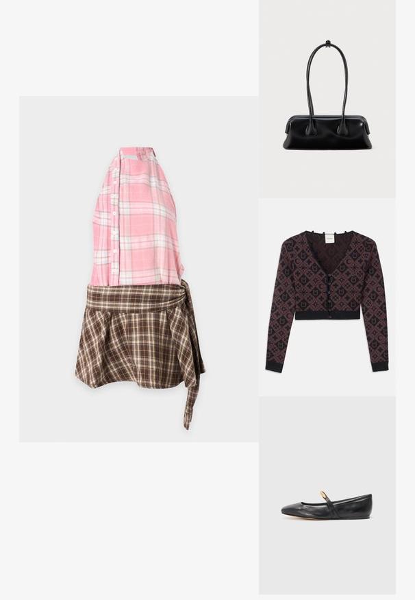 Korte V-hals cardigan met lange mouwen, zwart en donkerbruin geometrisch en bloemenpatroon, knoopsluiting aan de voorkant, geribbelde manchetten en zoom.; Mouwloze jurk met een roze geruite knoopsluitende top en een bruine geruite rok met een gestrikt taille detail, weergegeven op een eenvoudige achtergrond.; Zwarte leren balletschoenen met een spitse neus, een slanke band en een klein gouden accent nabij de band. Gladde textuur en een lage hak.; Zwarte leren handtas met twee lange handvatten, een gladde textuur en een ronde bodem met decoratieve accenten aan de zijkanten.