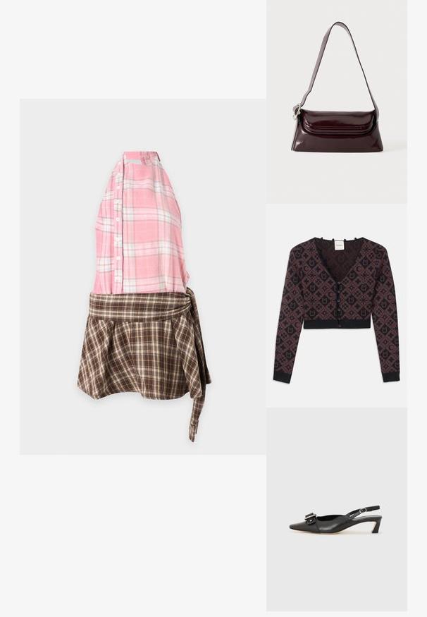 Korte V-hals cardigan met lange mouwen, zwart en donkerbruin geometrisch en bloemenpatroon, knoopsluiting aan de voorkant, geribbelde manchetten en zoom.; Mouwloze jurk met een roze geruite knoopsluitende top en een bruine geruite rok met een gestrikt taille detail, weergegeven op een eenvoudige achtergrond.; Zwarte leren slingback schoen met scherpe neus, kleine hak en decoratieve gespdetails op de bovenkant. Stijlvolle textuur, minimalistisch ontwerp.; Donker bordeauxkleurige leren schoudertas met klep en een smalle verstelbare riem, weergegeven op een effen lichte achtergrond.