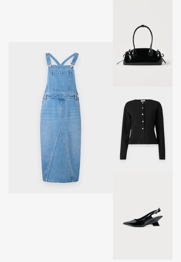 Zwarte cardigan met lange mouwen en ronde halslijn, voorzien van zes zilverkleurige knopen aan de voorkant, iets getailleerd bij de taille.; Lichtblauwe denim tuinbroekjurk met verstelbare schouderbanden, een voorzak, een rechte rok met een subtiele split en een gladde textuur.; Zwarte lakleren slingback schoen met spitse neus en lage schuine blokhak op een effen lichte achtergrond.; Kleine zwarte glanzende handtas met twee lange hengsels en zijkant trekkoord details op een effen lichte achtergrond.