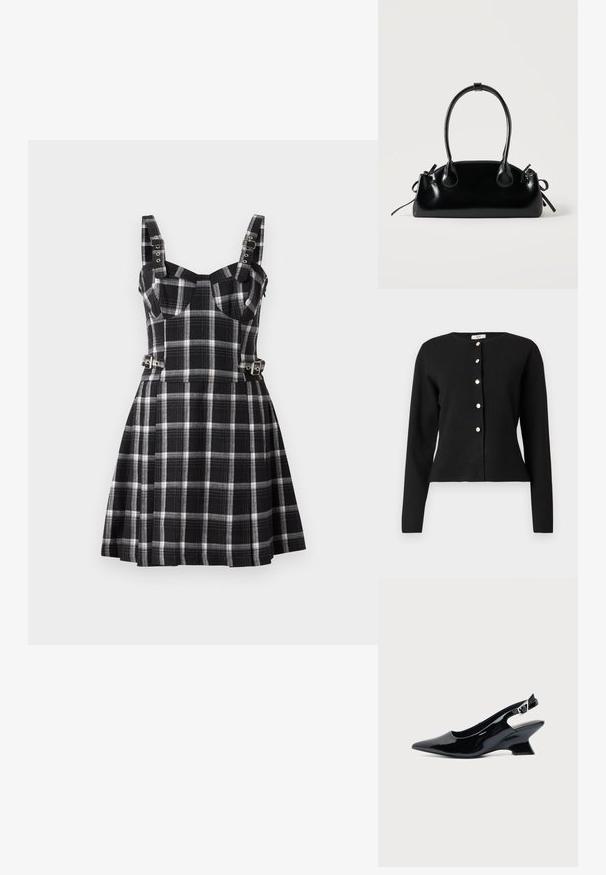 Sort langærmet cardigan med rund halsudskæring og seks sølvknapper foran, let figursyet i taljen.; The Ragged Priest MONARCH DRESS - Hverdagskjole - black; Sort laklæder slingback sko med spids tå og lav vinklet blokhæl på ensartet lys baggrund.; Lille sort blank håndtaske med to lange håndtag og snøre-detaljer i siden på en ensfarvet lys baggrund.