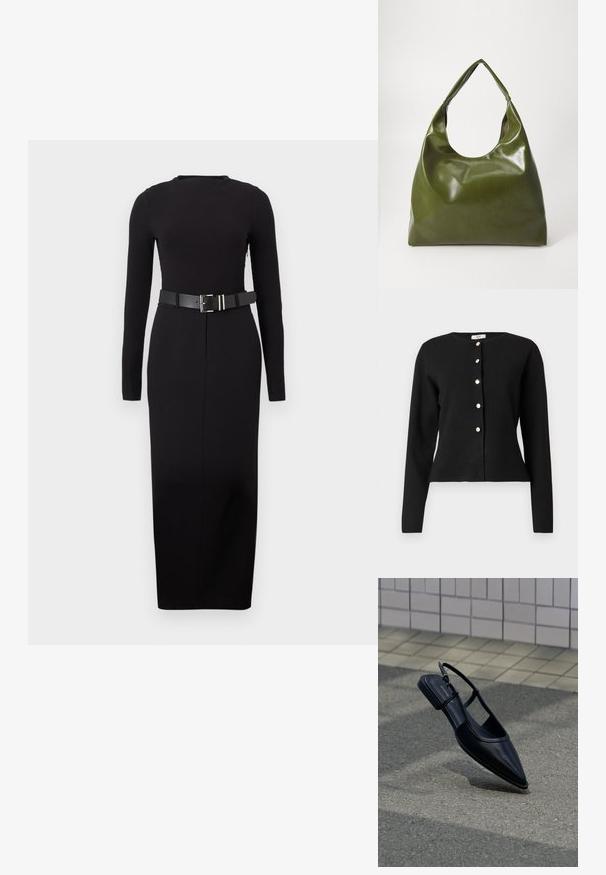 Gilet noir à manches longues avec col rond et six boutons en argent sur le devant, légèrement cintré à la taille.; Robe midi noire à manches longues avec col rond et silhouette ajustée, ornée d'une large ceinture noire avec une boucle rectangulaire argentée.; Chaussure plate noire à bout pointu avec bride arrière, flottant au-dessus d'une surface en bitume à côté d'un trottoir carrelé.; Sac hobo en cuir vert au design décontracté, avec une poignée incurvée et une texture lisse. Ne contient aucun matériel ou accent visible.