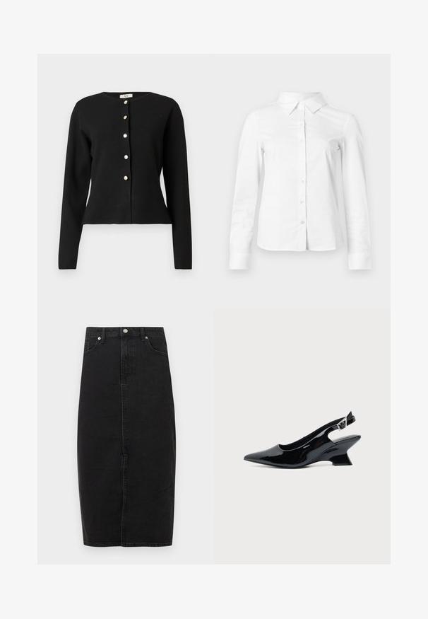 Gilet noir à manches longues avec col rond et six boutons en argent sur le devant, légèrement cintré à la taille.; Chemise blanche à manches longues avec boutons, col pointu, ourlet droit et silhouette ajustée, présentée sur un fond clair uni.; Jupe en denim noir à taille haute, longueur au genou, couture frontale et conception classique à cinq poches. Dotée d'un bouton métallique et d'une texture subtile.; Chaussure slingback en cuir verni noir avec bout pointu et petit talon bloc incliné sur fond clair uni.