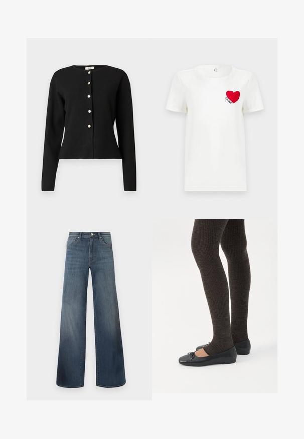 Zwarte cardigan met lange mouwen en ronde halslijn, voorzien van zes zilverkleurige knopen aan de voorkant, iets getailleerd bij de taille.; Witte T-shirt met korte mouwen met een rode hart en het woord "AMOUR" gedrukt op de linkerkant van de borst.; Brede denims met wijde pijpen in donkerblauw, met een verwasde afwerking, knoopsluiting en vijf-pocketstijl. Gladde textuur, minimale stikseldetails.; Benen met donkere geribbelde leggings gecombineerd met zwarte ballerina's met kleine strikdetails op een witte achtergrond.