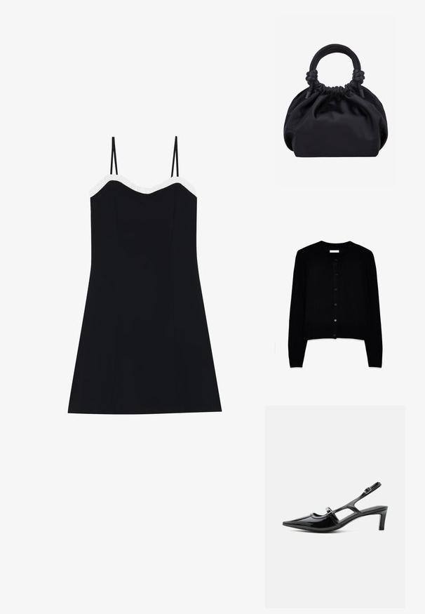 Cardigan negro hecho de una suave tela de punto, con cuello redondo, mangas largas y un cierre frontal de botones con seis botones a juego.; Vestido negro con tirantes finos, cuerpo ajustado y dobladillo acampanado. Detalles de volantes blancos a lo largo del escote. Tela suave y ligera.; Zapato slingback de charol negro con punta puntiaguda, tacón bajo y dos correas ajustables con hebillas, mostrado de perfil lateral.; Bolso de mano de tela negra suave con parte superior fruncida y asas acolchadas circulares atadas con nudos a cada lado.