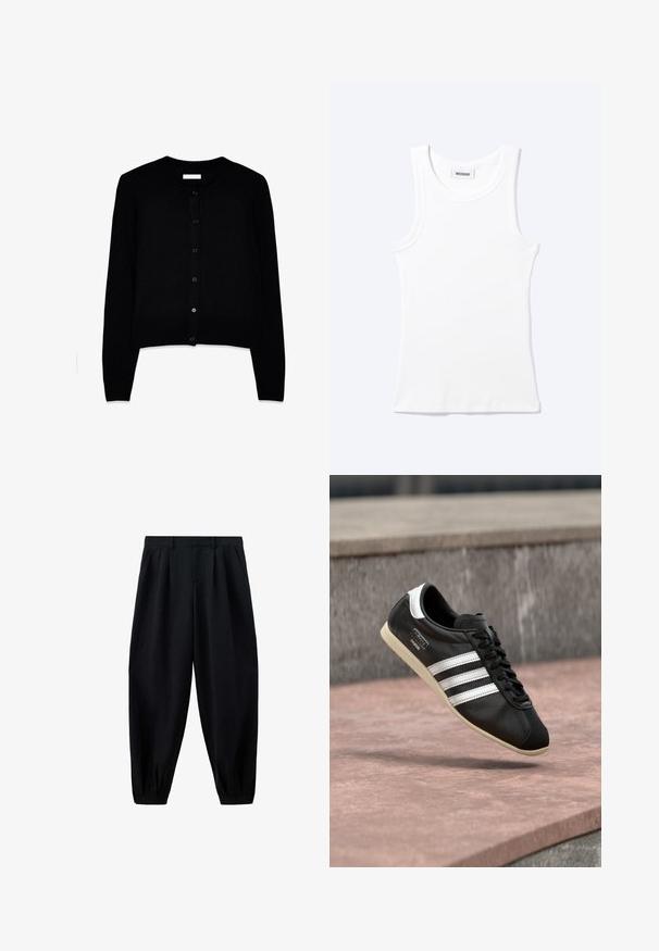 Cardigan negro hecho de una suave tela de punto, con cuello redondo, mangas largas y un cierre frontal de botones con seis botones a juego.; Camiseta sin mangas blanca con textura de canalé, cuello redondo y una pequeña etiqueta que dice "WEEKDAY" en el interior del cuello.; Pantalones negros de cintura alta y corte cónico con pliegues en la cintura y los bajos, y bolsillos laterales, mostrados sobre un fondo blanco.; Zapatilla deportiva de cuero negro con rayas y suela blancas, atada con cordones, flotando sobre una superficie de concreto rosada con una pared de piedra gris al fondo.