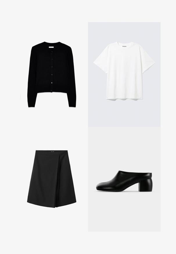 Cardigan negro hecho de una suave tela de punto, con cuello redondo, mangas largas y un cierre frontal de botones con seis botones a juego.; Camiseta blanca de manga corta con cuello redondo y un ajuste holgado, con una etiqueta "WEEKDAY" en la parte interior trasera del cuello.; Falda negra hasta la rodilla con una cintura recta y un detalle de pliegue superpuesto en la parte delantera, mostrada sobre un fondo blanco.; Zapato mule de cuero negro con punta redondeada y tacón bloque grueso de altura media sobre un fondo liso.