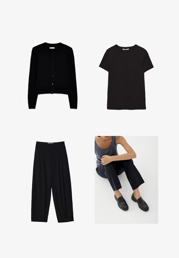 Sort cardigan lavet af blødt strikstof, med rund hals, lange ærmer og en frontlukning med seks matchende knapper.; Sort kortærmet t-shirt i bomuld med rund halsudskæring, standard pasform og synlig indvendig halsmærkat.; Sorte vide benbukser lavet af letvægtsstof, med frontfolder, en klassisk talje og sidelommer. Glat tekstur.; Sorte læderloafers med teksturerede detaljer, lav hæl, rund tå og synlige syninger. Modellen bærer mørke bukser og en grå top.