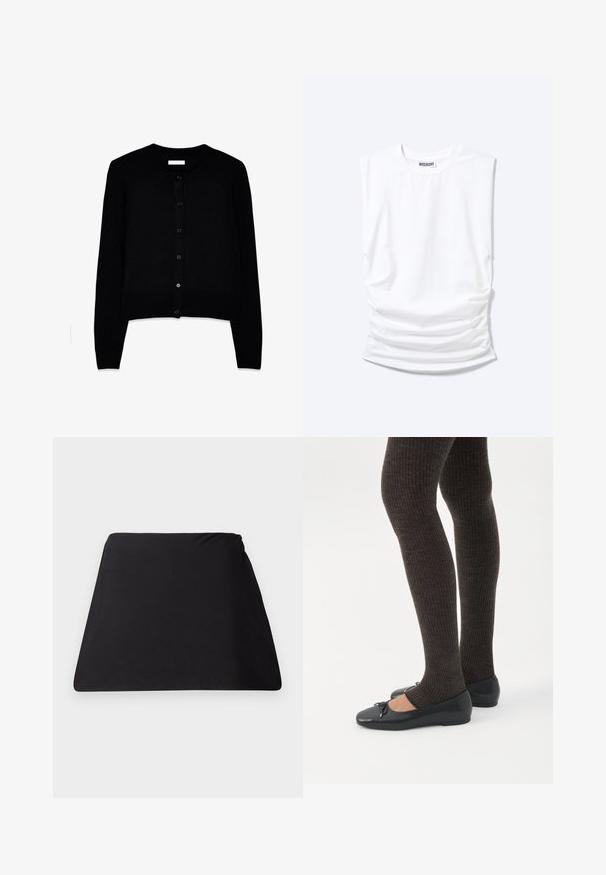 Zwarte cardigan van zacht breiwerk, met een ronde hals, lange mouwen en een voorste knoopsluiting met zes bijpassende knopen.; Witte mouwloze t-shirt met ronde hals, gevoerde schouders en geplooide zijkanten, plat op een lichte achtergrond gelegd.; Zwarte trapeziumvormige stofbedekking met een gladde textuur, naadloos ontwerp en geen zichtbare bevestigingsmiddelen. Eenvoudige vorm geschikt voor meerdere toepassingen.; Benen met donkere geribbelde leggings gecombineerd met zwarte ballerina's met kleine strikdetails op een witte achtergrond.