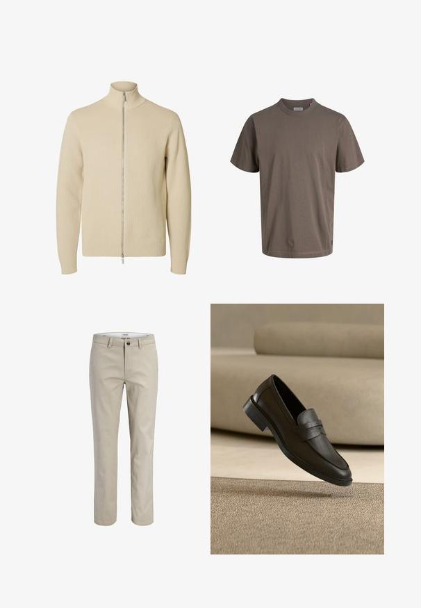 Beige striktrøje med fuld lynlås med ribkant ved kant, manchetter og krave, med en tovejs sølvlynlås foran.; Kortærmet crew neck t-shirt i taupebrun med et lille mærkelabel inde i halsudskæringen.; Beige bukser med lige ben, bæltestropper, knaplukning og forlommer, vist på hvid baggrund.; Sort læder loafer sko, der hviler på et beige tæppe med en buet beige sofa i baggrunden.