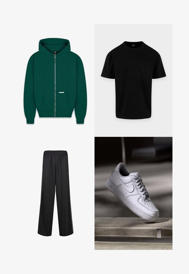 Haut à capuche zippé vert foncé en tissu doux. Comprend une poche avant, des poignets et un ourlet côtelés, ainsi qu'une capuche doublée. Petite étiquette de marque visible.; T-shirt uni noir en coton à manches courtes, col rond et coupe régulière, présenté sur un fond gris clair.; Pantalon noir à jambes larges avec taille élastique et fines rayures verticales, conçu pour un usage décontracté ou sportif.; La basket Nike Air Force 1 en cuir blanc présente un embout perforé, des lacets plats et une semelle en caoutchouc texturée avec le logo « AIR » sur le côté.