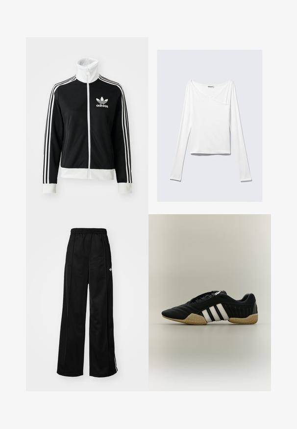 Čierna zipsová bunda s vysokým golierom, bielym logom Adidas a tromi bielymi pruhmi na rukávoch, vyrobená z hladkej, priedušnej tkaniny.; Biela blúzka s dlhým rukávom a prekríženým dizajnom, s vreckom. Vyrobená z hladkej, elastickej látky. Strih v uvoľnenom, voľnom štýle.; Čierne široké teplákové nohavice s elastickým pásom, s bielymi bočnými pruhmi a malým logom na ľavom boku. Hladký textil.; Čierna športová obuv s bielymi pruhmi a béžovou textúrovanou podrážkou na neutrálom pozadí, zobrazená zo strany.